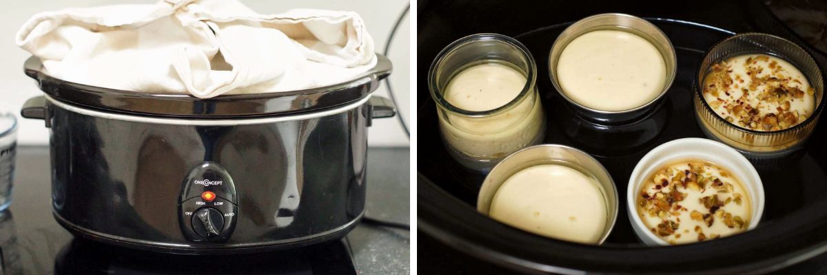 Zubereitung von Bhapa Doi, indische Joghurtcreme